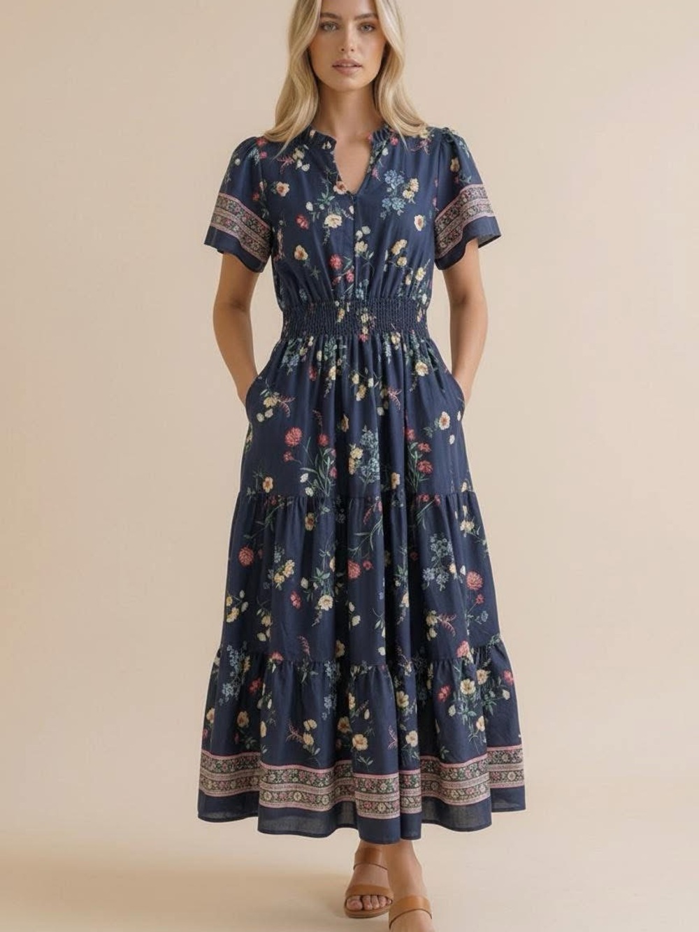 Navy Floral Smocked-Waist Maxi Dress with Short Sleeves